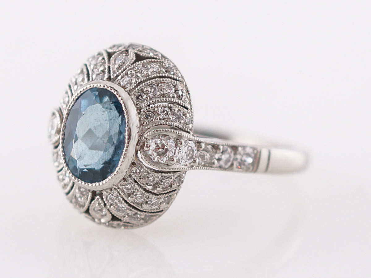 1 Carat Oval Aquamarine & Diamond Platinum Ring