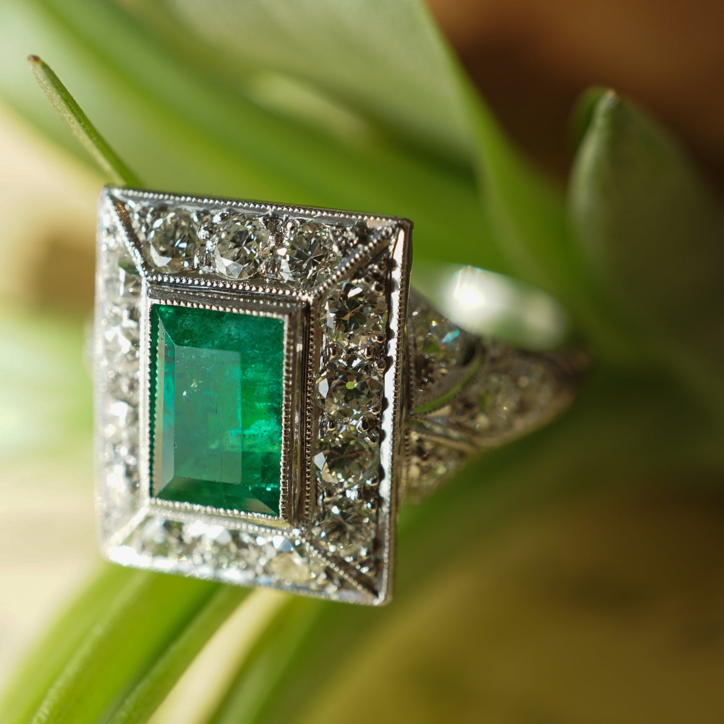 1.07 Art Deco Emerald & Diamond Cocktail Ring in Platinum