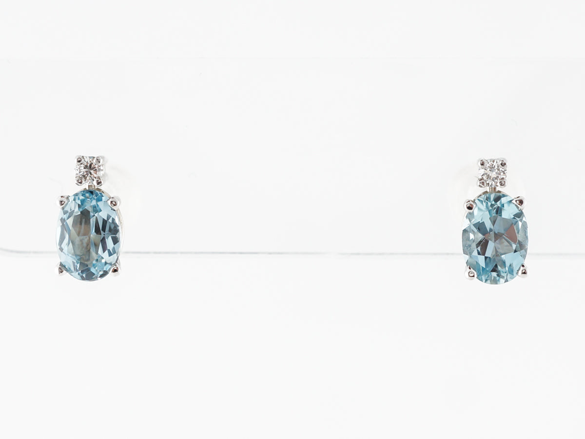 Oval Aquamarine Earring Studs w/ Diamonds in White Gold