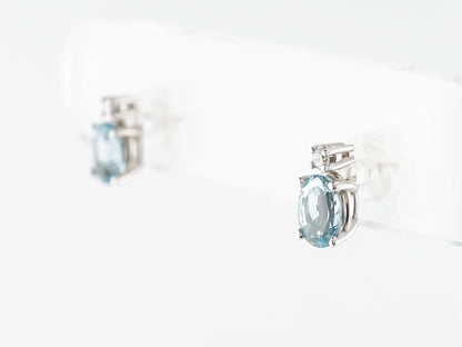 Oval Aquamarine Earring Studs w/ Diamonds in White Gold