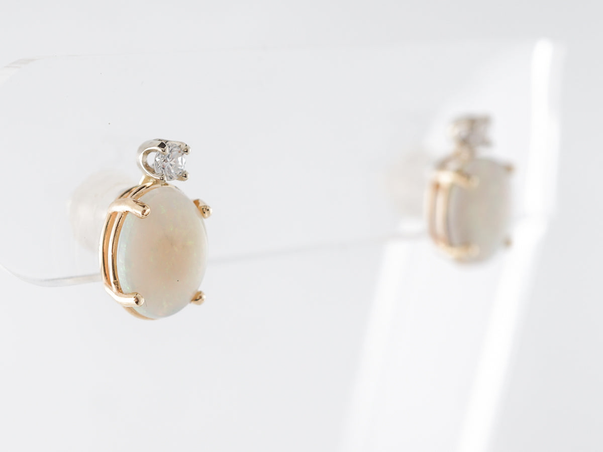 Cabochon Opal & Diamond Earring Studs in Yellow Gold