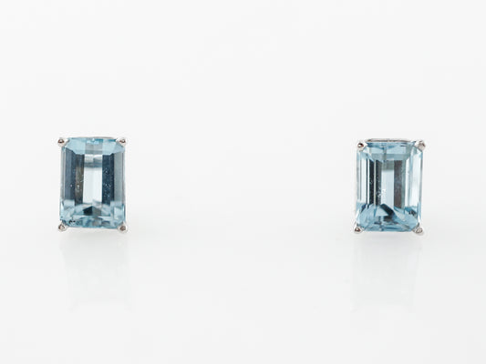 Emerald Cut Aquamarine Earring Studs in White Gold