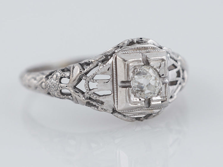 Antique Engagement Ring Art Deco .18ct Old Mine Cut Diamond in Vintage 18k White GoldComposition: 18 Karat White GoldTotal Diamond Weight: .18 ctTotal Gram Weight: 1.64 g