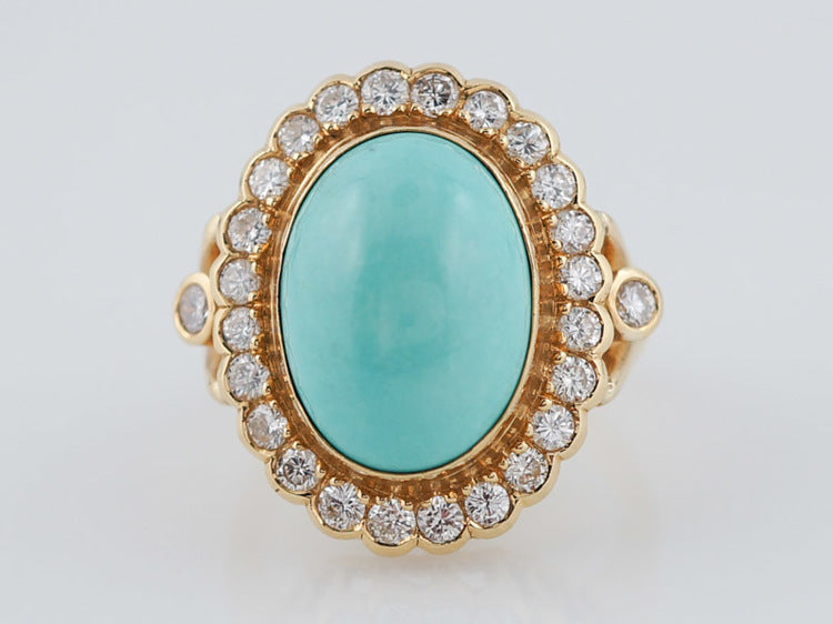 Vintage Right Hand Ring Mid-Century 6.55ct Cabochon Cut Turquoise and Diamond in 18k Yellow Gold