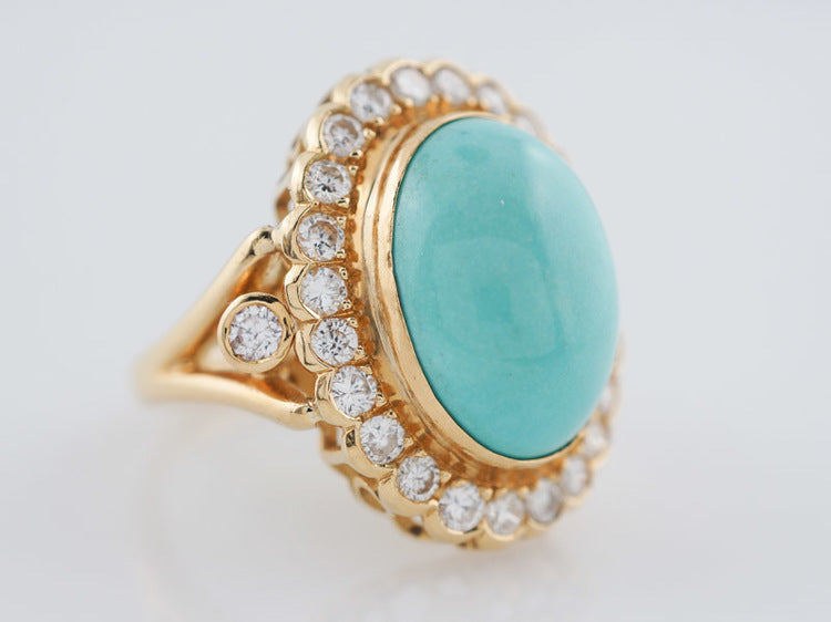 Vintage Right Hand Ring Mid-Century 6.55ct Cabochon Cut Turquoise and Diamond in 18k Yellow Gold
