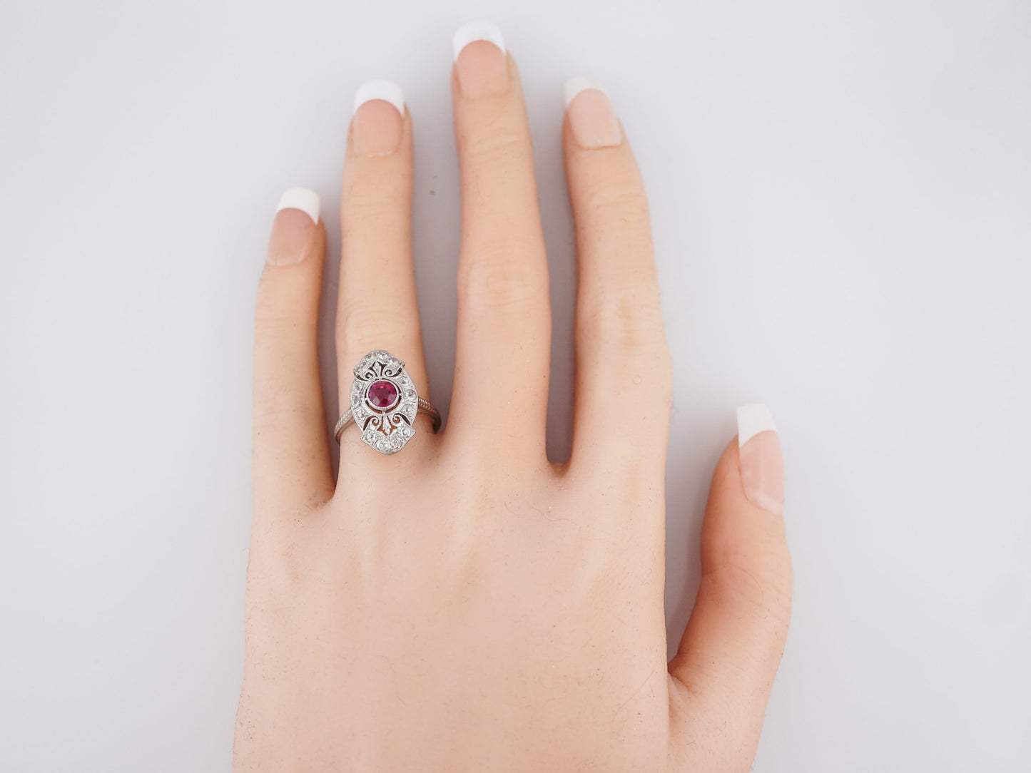 Modern Right Hand Ring .63 Round Cut Ruby in 18k White Gold