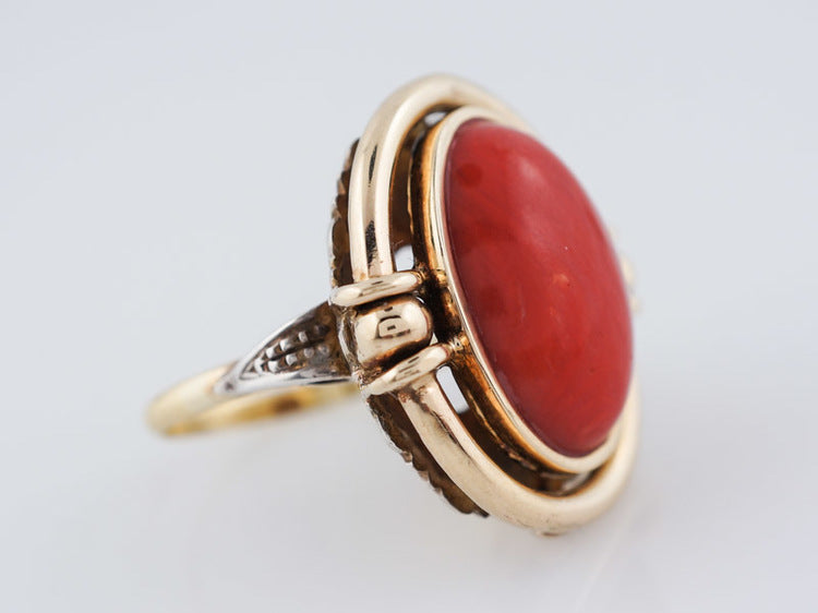Vintage Right Hand Ring Mid-Century 9.64ct Cabochon Cut Coral in 14k Yellow Gold