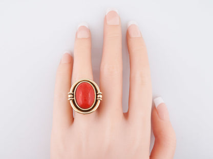 Vintage Right Hand Ring Mid-Century 9.64ct Cabochon Cut Coral in 14k Yellow Gold