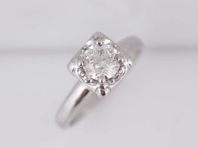 Antique Engagement Ring Art Deco .62 Round Brilliant Cut Diamond in Vintage 14k White Gold