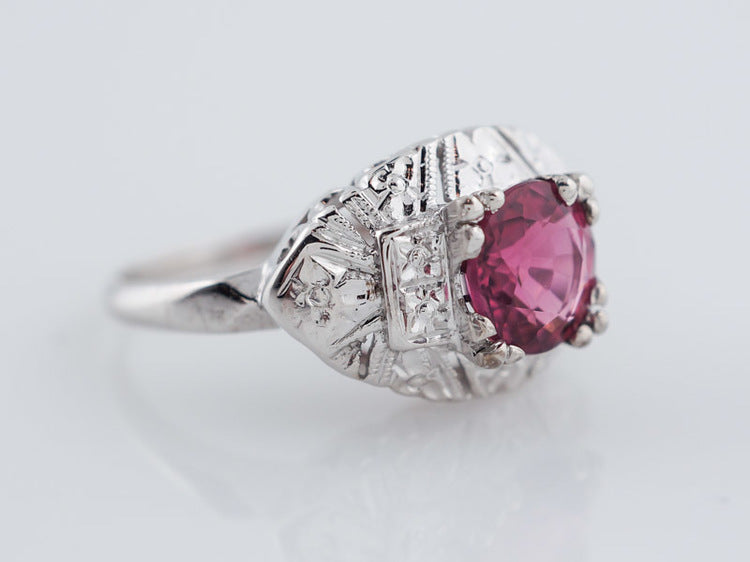 Antique Engagement Ring Art Deco 1.26 Round Cut Pink Tourmaline in 14k White Gold
