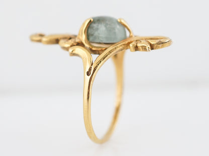 Antique Right Hand Ring Art Nouveau 2.68 Cabochon Cut Green Tourmaline in 14k Yellow Gold