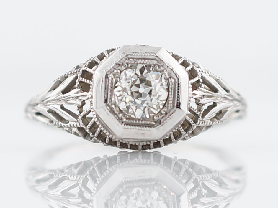 Antique Engagement Ring Art Deco .43 Old European Cut Diamond in 18k White Gold