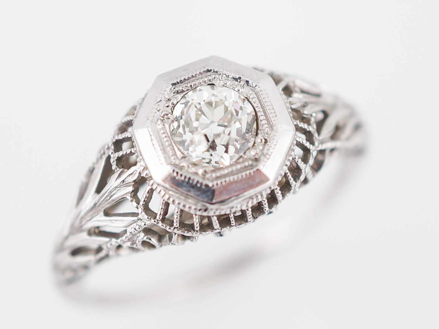 Antique Engagement Ring Art Deco .43 Old European Cut Diamond in 18k White Gold