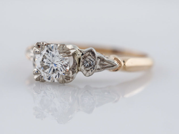 Vintage Engagement Ring Retro .51ct Round Brilliant Cut Diamond in 14k White & Yellow Gold