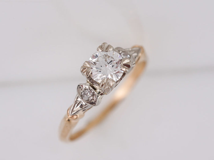 Vintage Engagement Ring Retro .51ct Round Brilliant Cut Diamond in 14k White & Yellow Gold