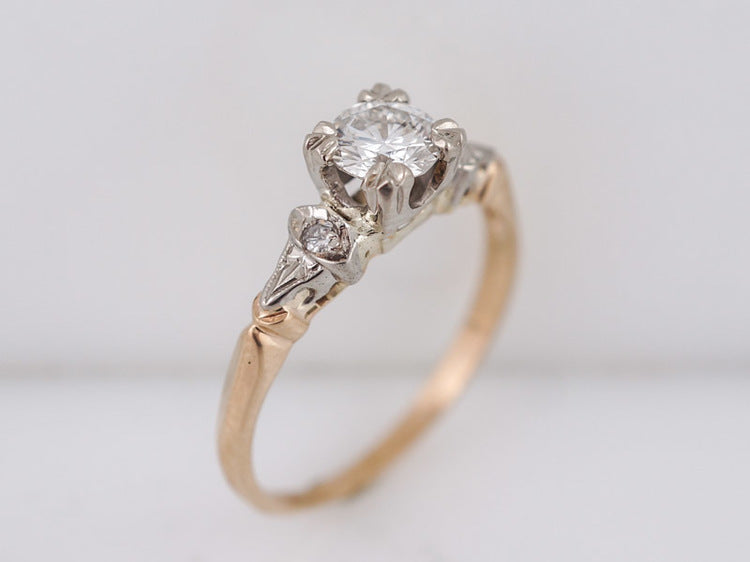 Vintage Engagement Ring Retro .51ct Round Brilliant Cut Diamond in 14k White & Yellow Gold