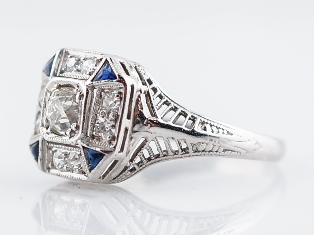 Old Euro Diamond & Sapphire Engagement Ring in 18k