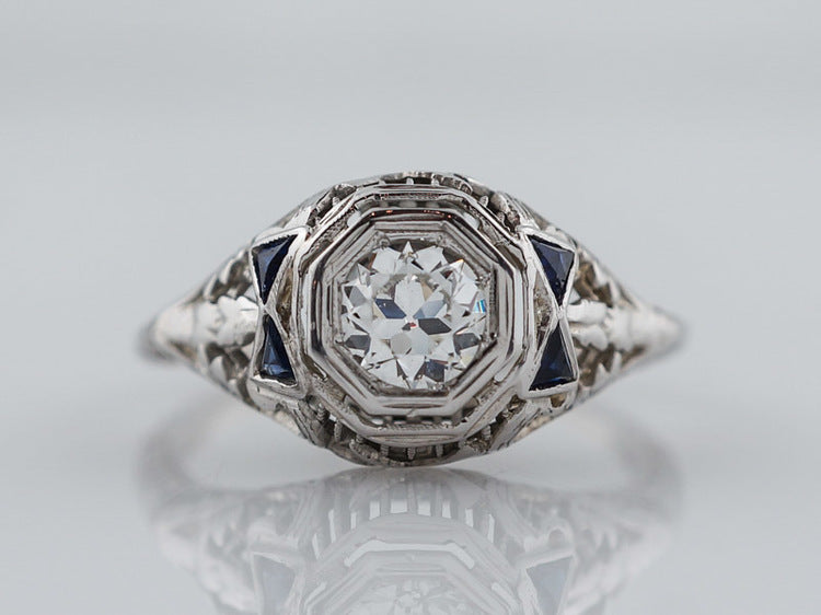 Antique Engagement Ring Art Deco .45ct Old European Cut Diamond in 18k White Gold
