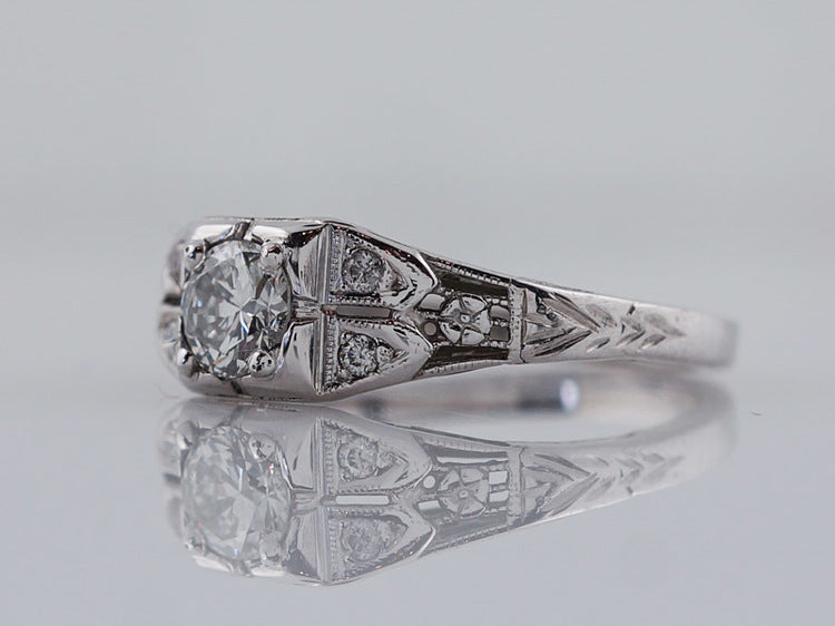 Antique Engagement Ring Art Deco .32ct Transitional Cut Diamond in 18k White Gold