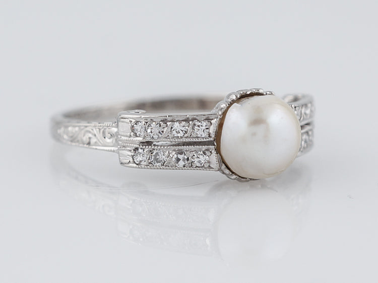 Antique Right Hand Ring Art Deco Pearl & .24 Single Cut Diamonds in Platinum