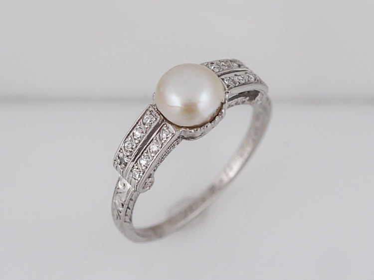 Antique Right Hand Ring Art Deco Pearl & .24 Single Cut Diamonds in Platinum