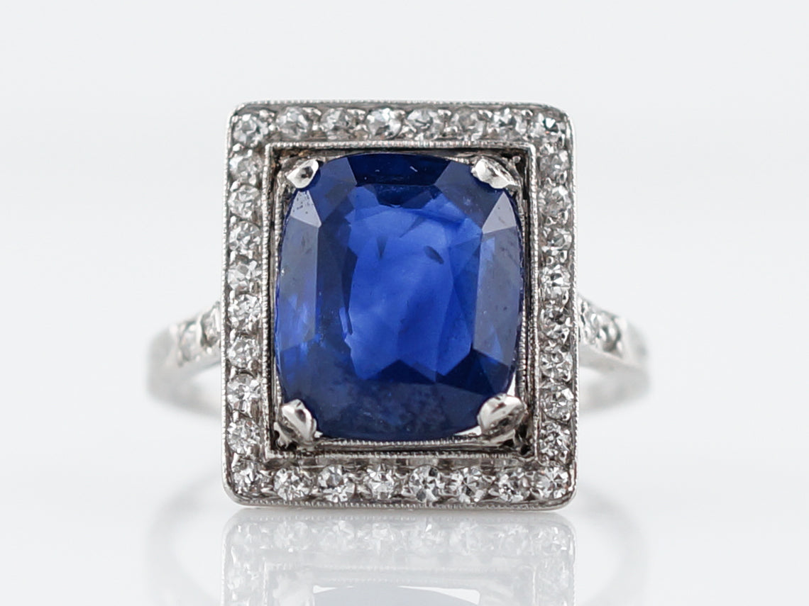 4 Carat Cushion Sapphire Engagement Ring Art Deco