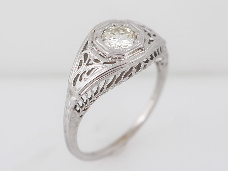 Art Deco Filigree Old Euro Diamond Engagement Ring in 18K