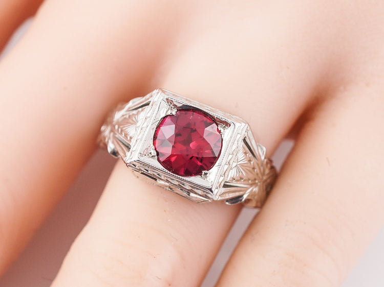 Antique Right Hand Ring Art Deco Belais Brothers 1.50 Round Cut Red Spinel in 18k White Gold