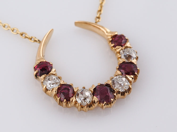 Antique Necklace Victorian .80 Old Mine Cut Diamonds & 1.46 Round Cut Rubies in 14k Yellow Gold