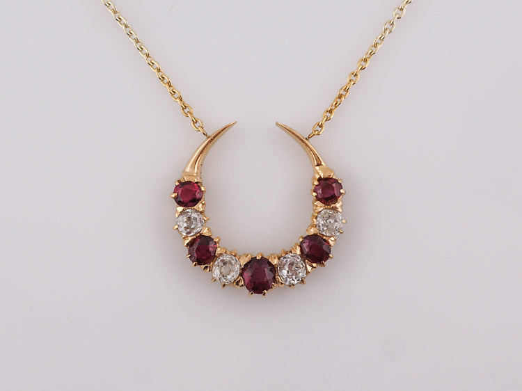 Antique Necklace Victorian .80 Old Mine Cut Diamonds & 1.46 Round Cut Rubies in 14k Yellow Gold