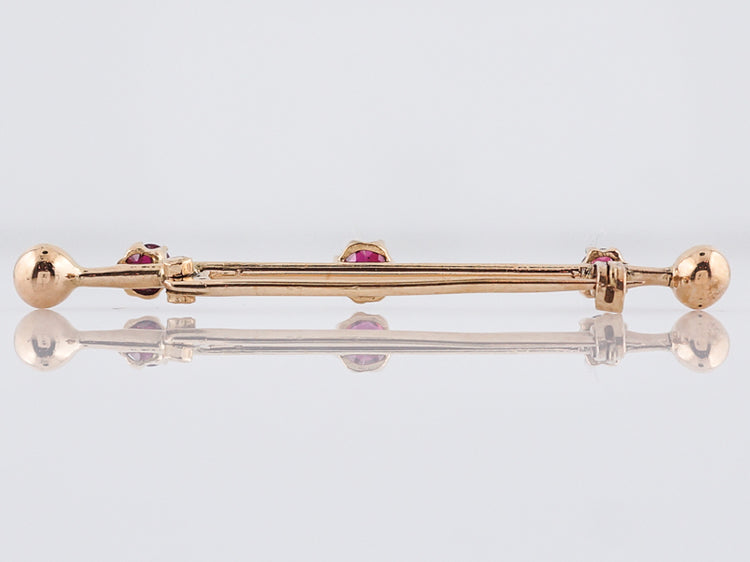 Antique Bar Pin Victorian .84 Round Cut Rubies in 14k Yellow Gold