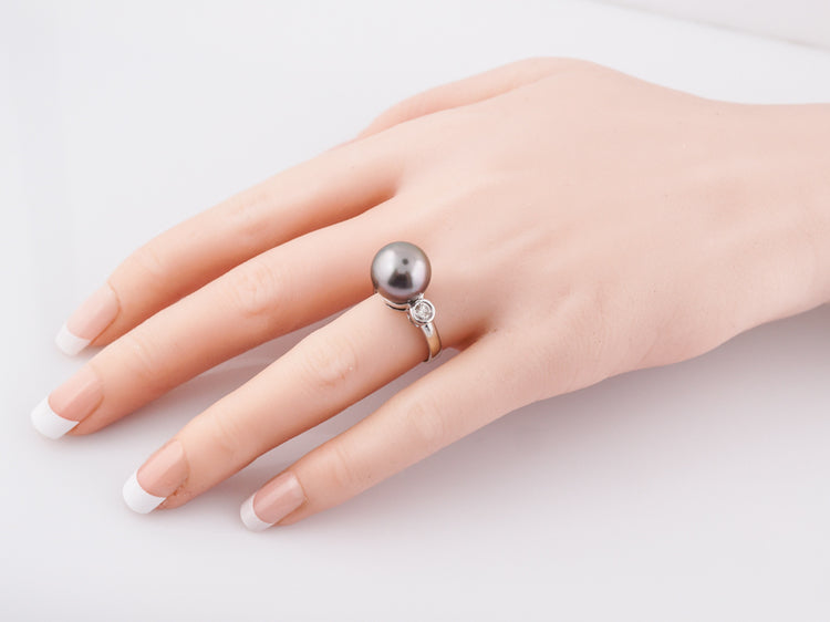 Modern Cocktail Ring Tahitian Pearl & .40 Round Brilliant Cut Diamonds in 14k White Gold