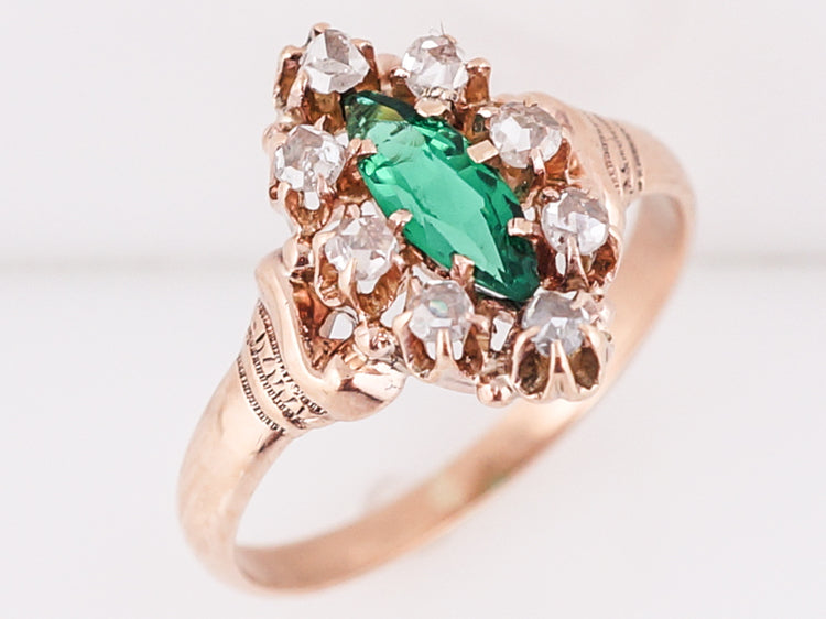 Antique Right Hand Ring Victorian .30 Marquis Cut Synthetic Emerald in 10k Rose Gold