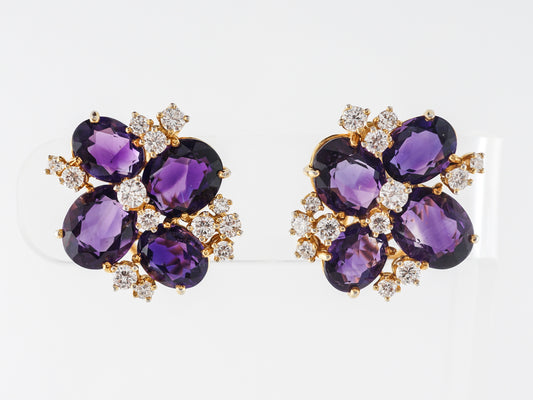 Amethyst & Diamond Cluster Earrings in 14k Yellow Gold