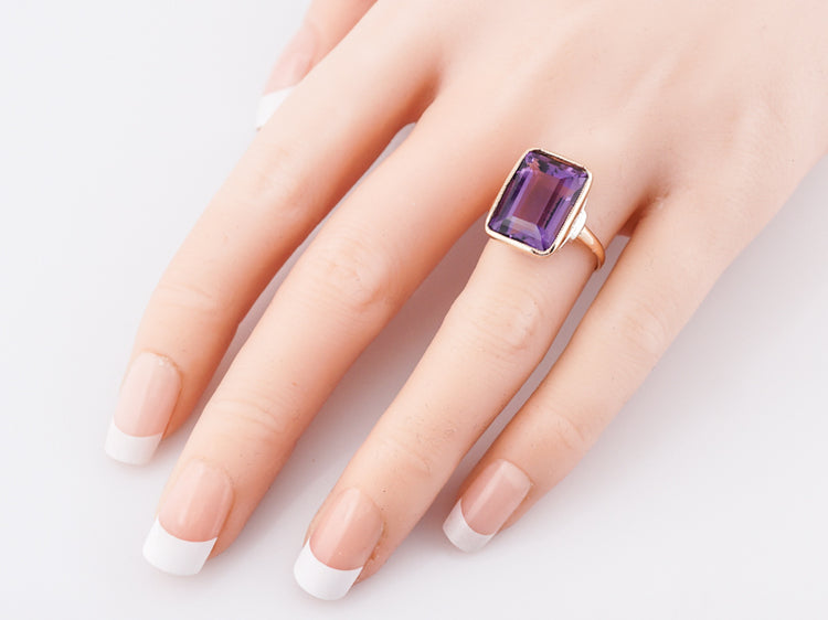 Vintage Cocktail Ring Retro 7.90 Emerald Cut Amethyst in 14k Yellow Gold