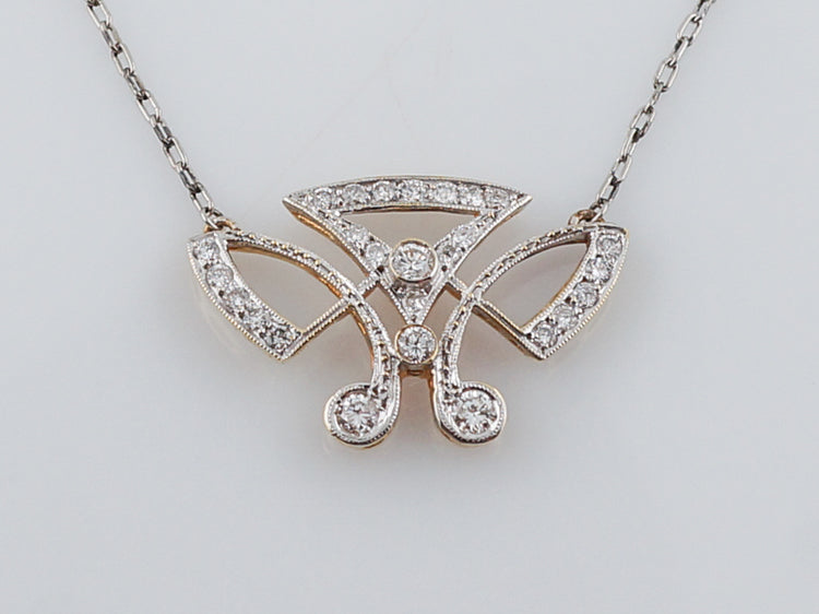 Antique Necklace Retro Two Tone .79 Round Brilliant Cut Diamonds in 14k White & Yellow Gold