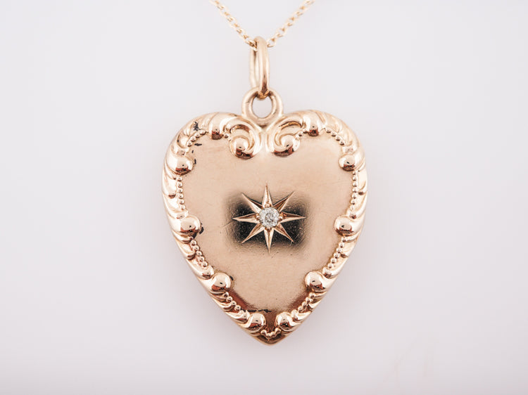 Antique Heart Pendant Victorian .05 Old Mine Cut Diamond in 14k Yellow Gold