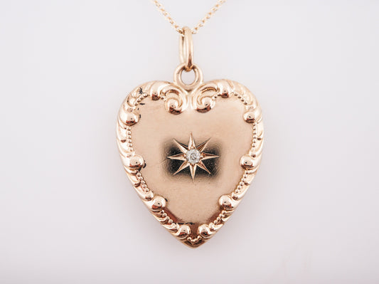 Antique Heart Pendant Victorian .05 Old Mine Cut Diamond in 14k Yellow Gold