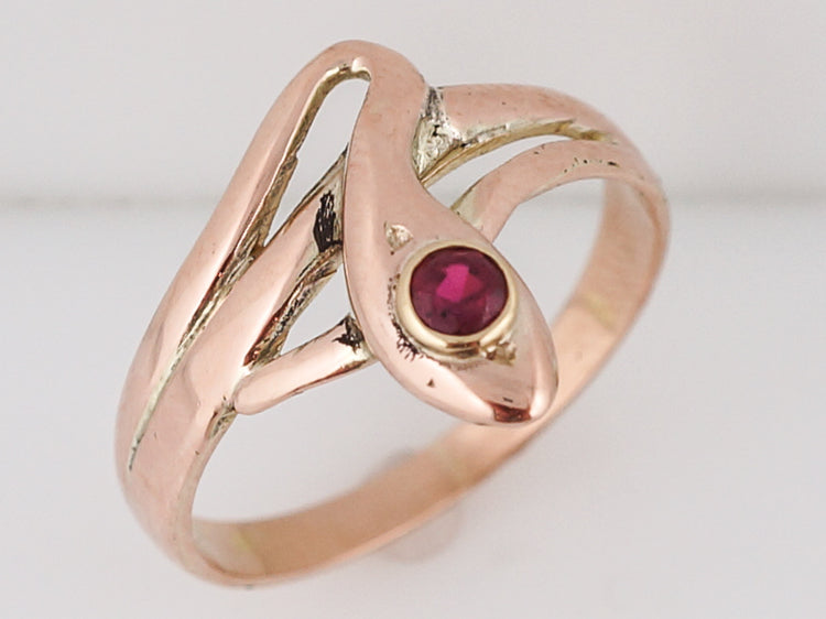 Antique Snake Ring Victorian .13 Round Cut Ruby in 14k Rose Gold