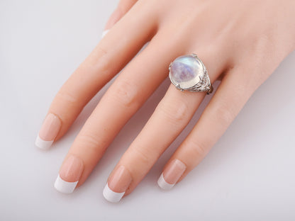 Antique Cocktail Ring Art Deco 16.45 Cabochon Cut Moonstone in 14k White Gold