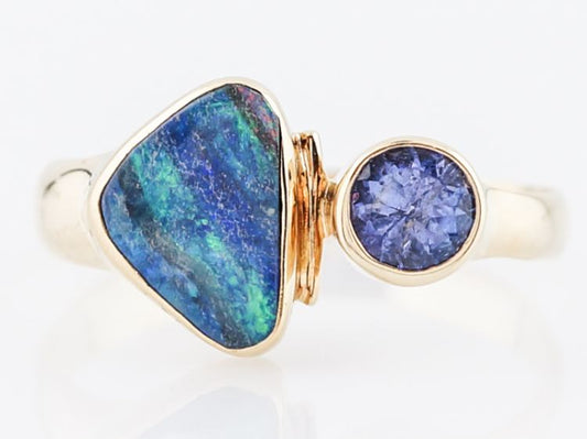 Modern Right Hand Ring .75 Black Opal Doublet & .67 Round Brilliant Cut Purple Sapphire in 18k Yellow Gold