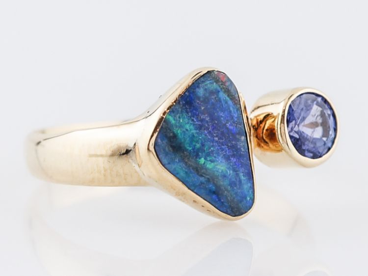 Modern Right Hand Ring .75 Black Opal Doublet & .67 Round Brilliant Cut Purple Sapphire in 18k Yellow Gold