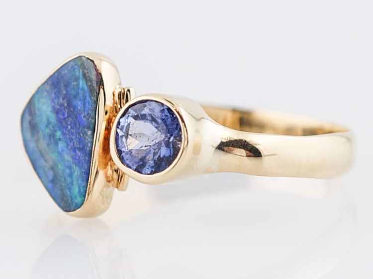 Modern Right Hand Ring .75 Black Opal Doublet & .67 Round Brilliant Cut Purple Sapphire in 18k Yellow Gold