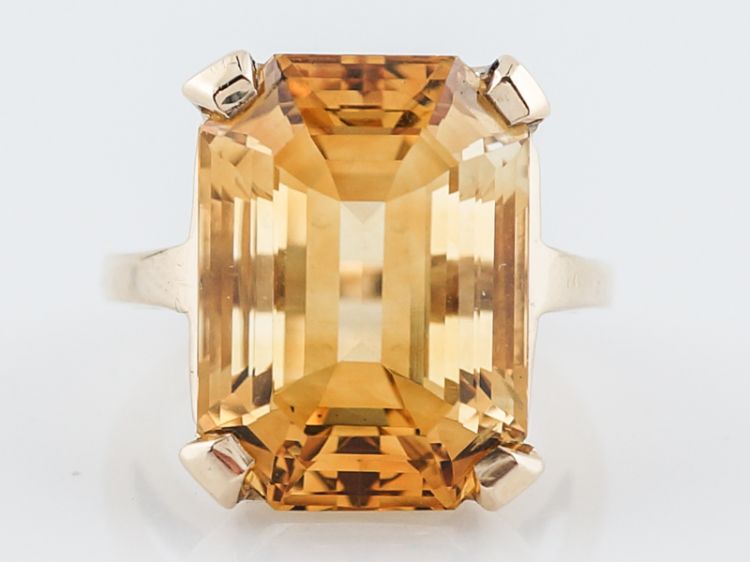 Vintage Cocktail Ring Mid-Century 15.42 Emerald Cut Citrine in 14k Yellow Gold