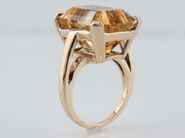 Vintage Cocktail Ring Mid-Century 15.42 Emerald Cut Citrine in 14k Yellow Gold