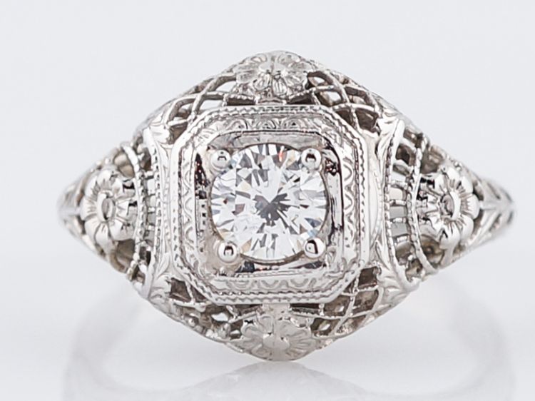 Antique Engagement Ring Art Deco .30 Round Brilliant Cut Diamond in 18k White Gold
