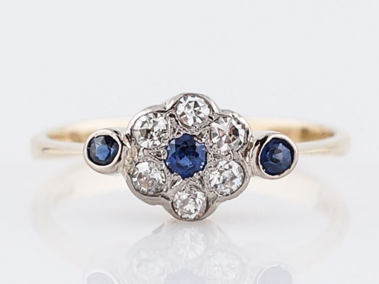 Antique Right Hand Ring Victorian .12 Round Cut Sapphires & .24 Single Cut Diamonds in 14k Yellow Gold
