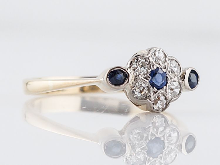 Antique Right Hand Ring Victorian .12 Round Cut Sapphires & .24 Single Cut Diamonds in 14k Yellow Gold