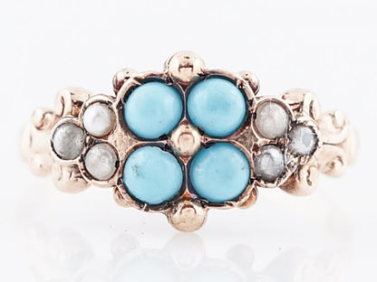 Antique Right Hand Ring Victorian .36 Cabochon Cut Turquoise & Seed Pearls in 14k Yellow Gold