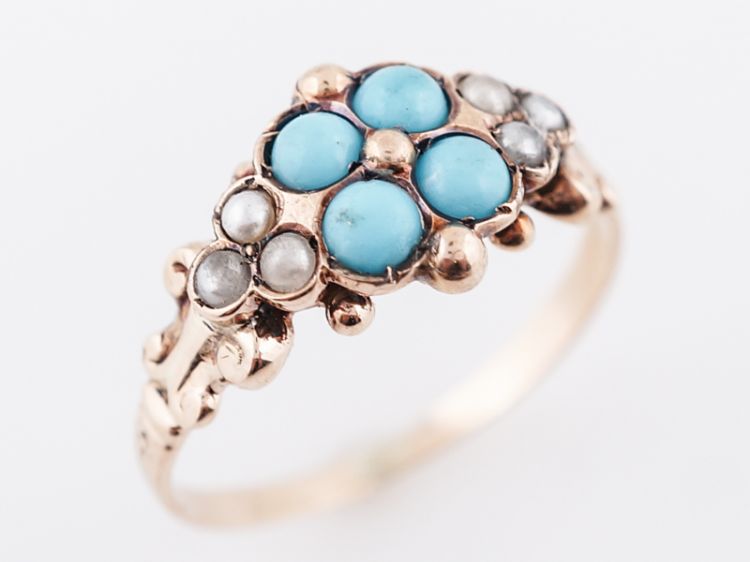 Antique Right Hand Ring Victorian .36 Cabochon Cut Turquoise & Seed Pearls in 14k Yellow Gold